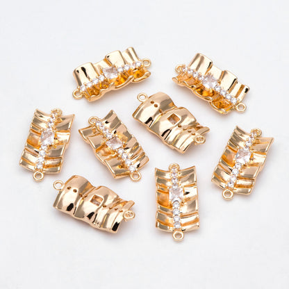 4pcs Gold plated Brass Curved Rectangle Link Charms, CZ Pave Connector Pendants (GB-3135)