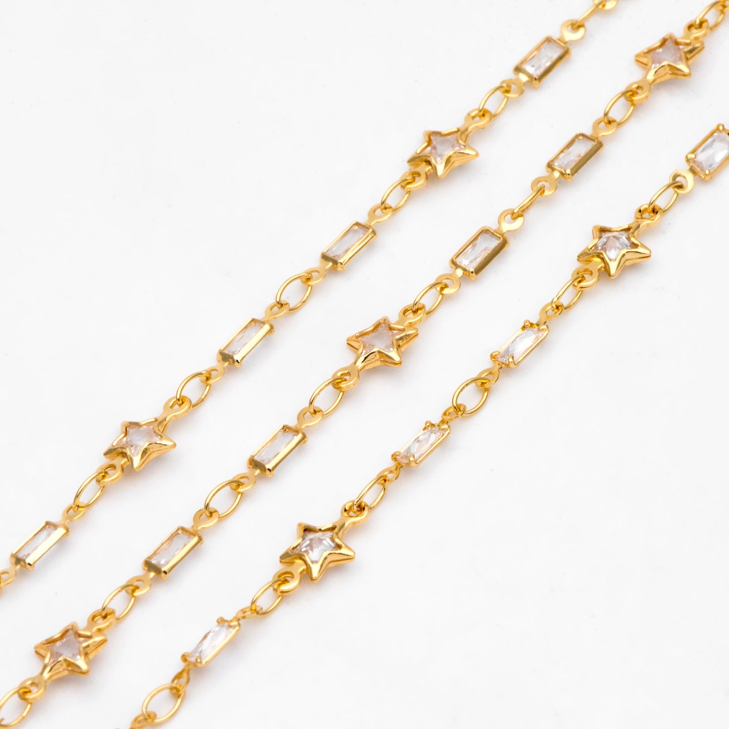 Cubic Zircon Chains, Gold CZ pave Rectangle and Star Bezel Connector Chain, 18K Gold plated Brass Chain (#LK-559)/ 1 Meter=3.3ft