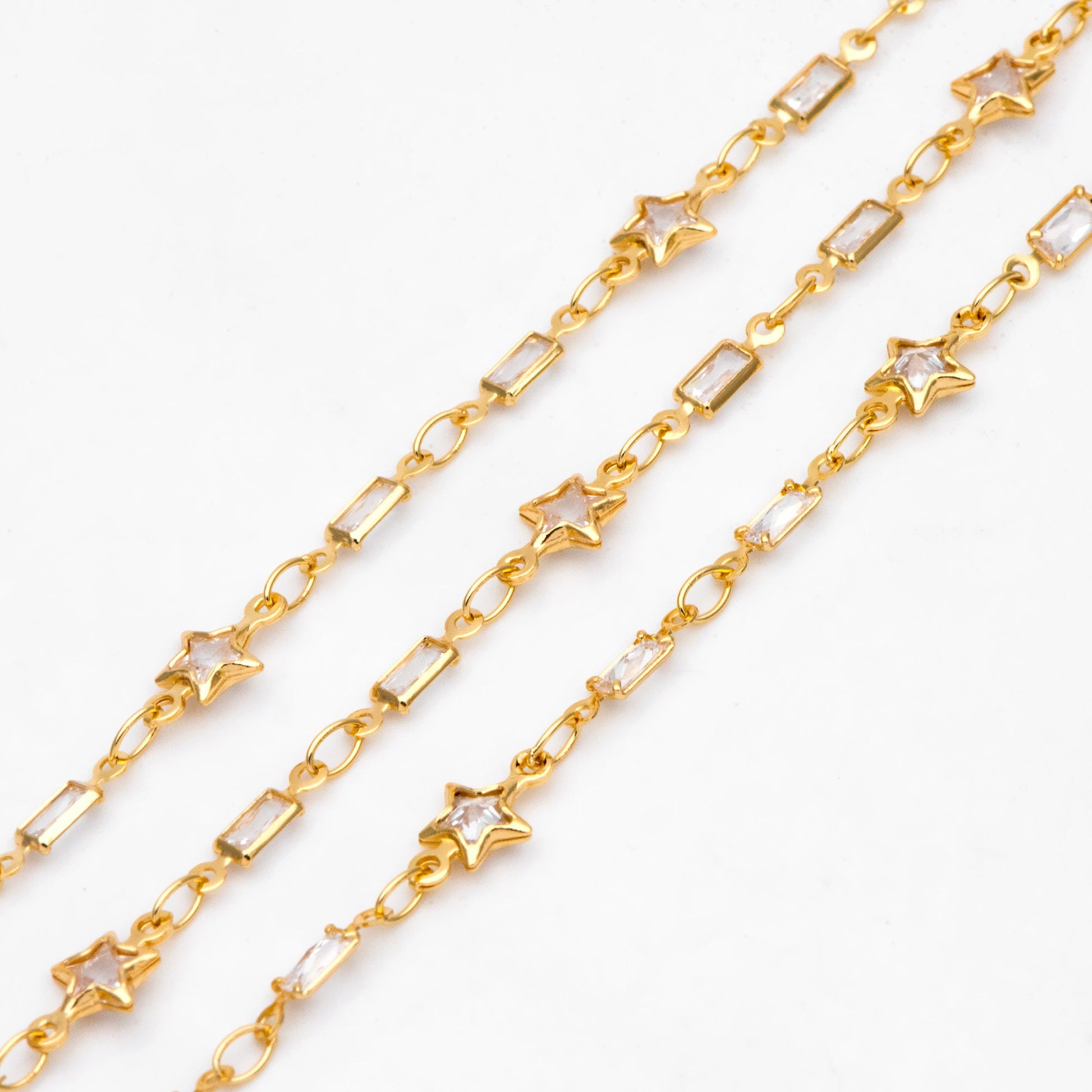 Cubic Zircon Chains, Gold CZ pave Rectangle and Star Bezel Connector Chain, 18K Gold plated Brass Chain (#LK-559)/ 1 Meter=3.3ft
