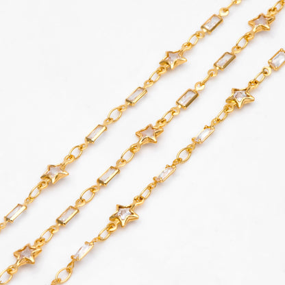 Cubic Zircon Chains, Gold CZ pave Rectangle and Star Bezel Connector Chain, 18K Gold plated Brass Chain (#LK-559)/ 1 Meter=3.3ft