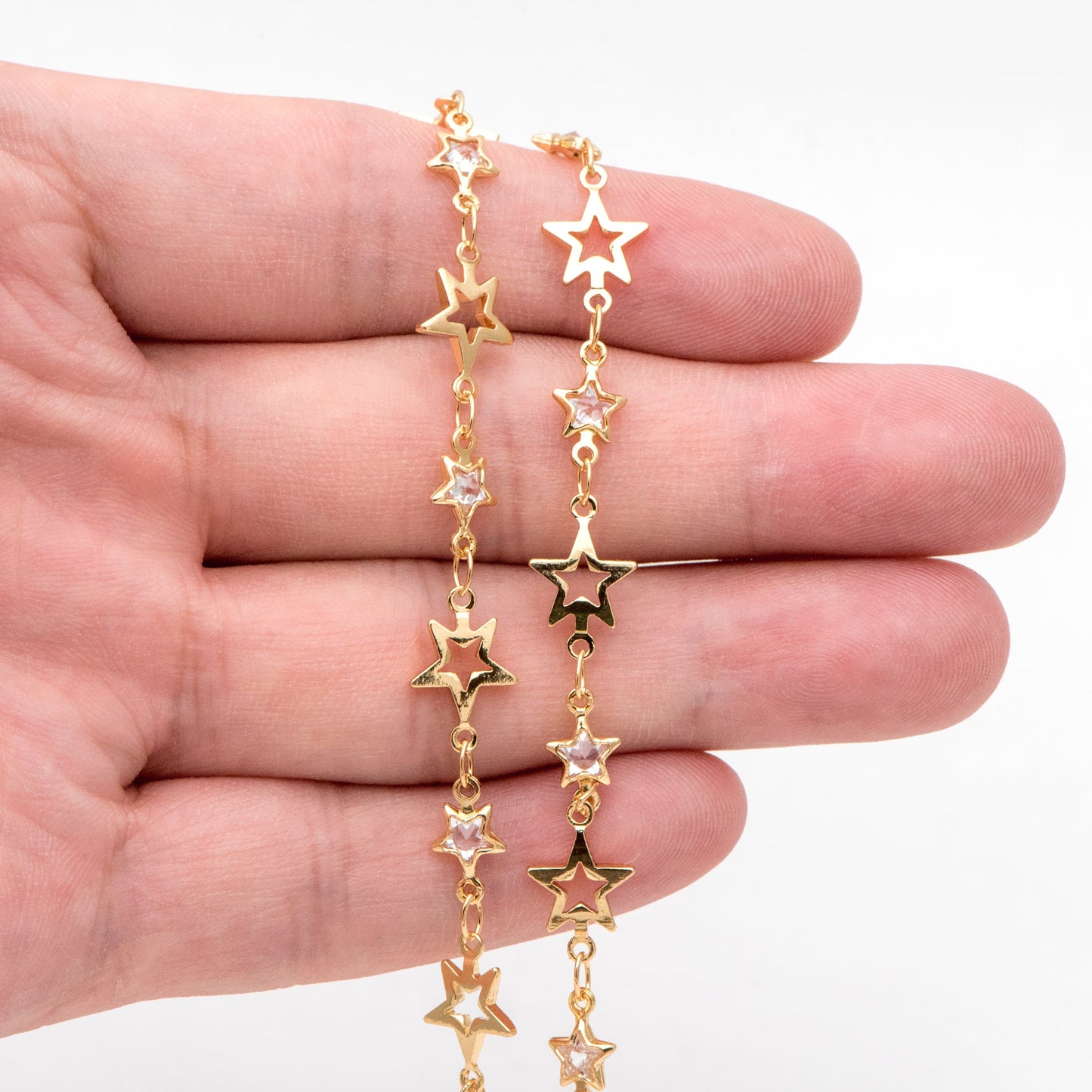 Gold Cubic Zircon Chain, CZ pave Star Chain, 18K Real Gold plated Brass Chain (#LK-562)/ 1 Meter=3.3ft