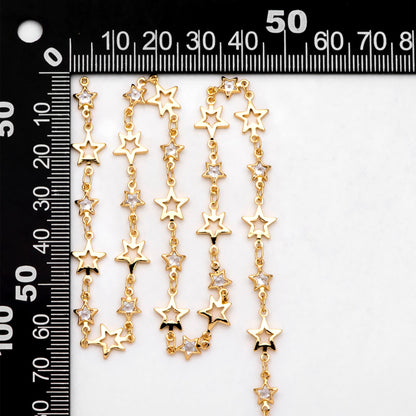 Gold Cubic Zircon Chain, CZ pave Star Chain, 18K Real Gold plated Brass Chain (#LK-562)/ 1 Meter=3.3ft
