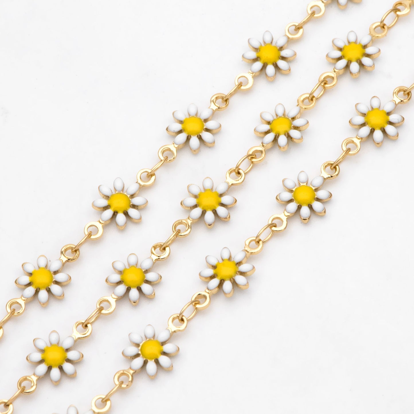 Enamel Flower Chain, Daisy Chain, Gold Plated Brass Designer Chain 7.5mm, Floral Link Chain Findings (#LK-578)/ 1 Meter=3.3ft