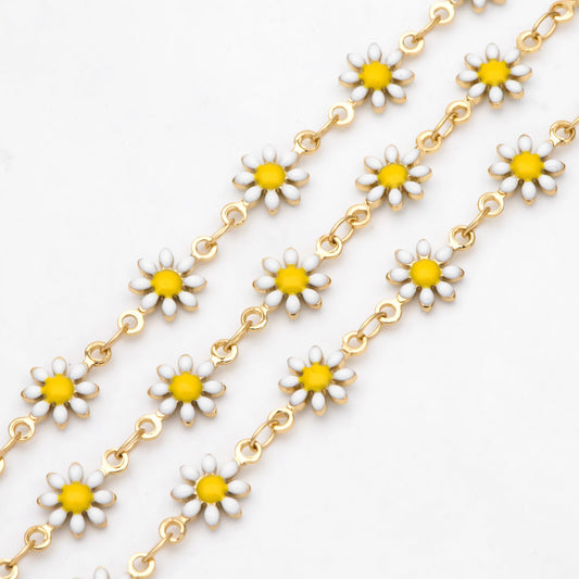 Enamel Flower Chain, Daisy Chain, Gold Plated Brass Designer Chain 7.5mm, Floral Link Chain Findings (#LK-578)/ 1 Meter=3.3ft