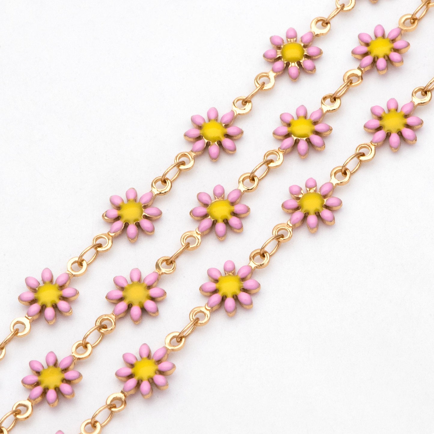 Enamel Flower Chain, Daisy Chain, Gold Plated Brass Designer Chain 7.5mm, Floral Link Chain Findings (#LK-578)/ 1 Meter=3.3ft