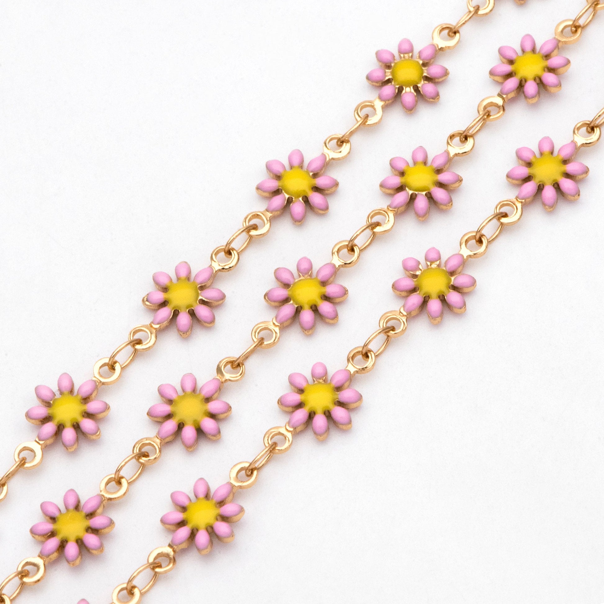 Enamel Flower Chain, Daisy Chain, Gold Plated Brass Designer Chain 7.5mm, Floral Link Chain Findings (#LK-578)/ 1 Meter=3.3ft
