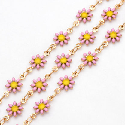 Enamel Flower Chain, Daisy Chain, Gold Plated Brass Designer Chain 7.5mm, Floral Link Chain Findings (#LK-578)/ 1 Meter=3.3ft