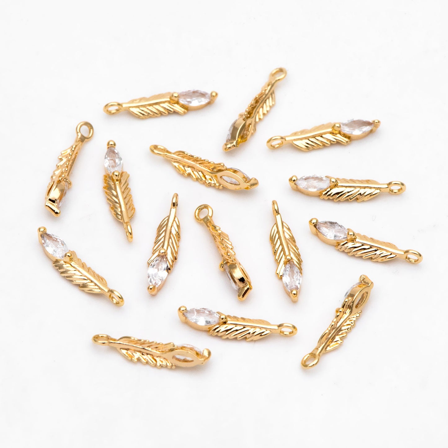 4pcs CZ pave Tiny Feather Charms, 18K Gold/ Rhodium plated Brass Leaf Pendants 12x3mm (GB-383-A)