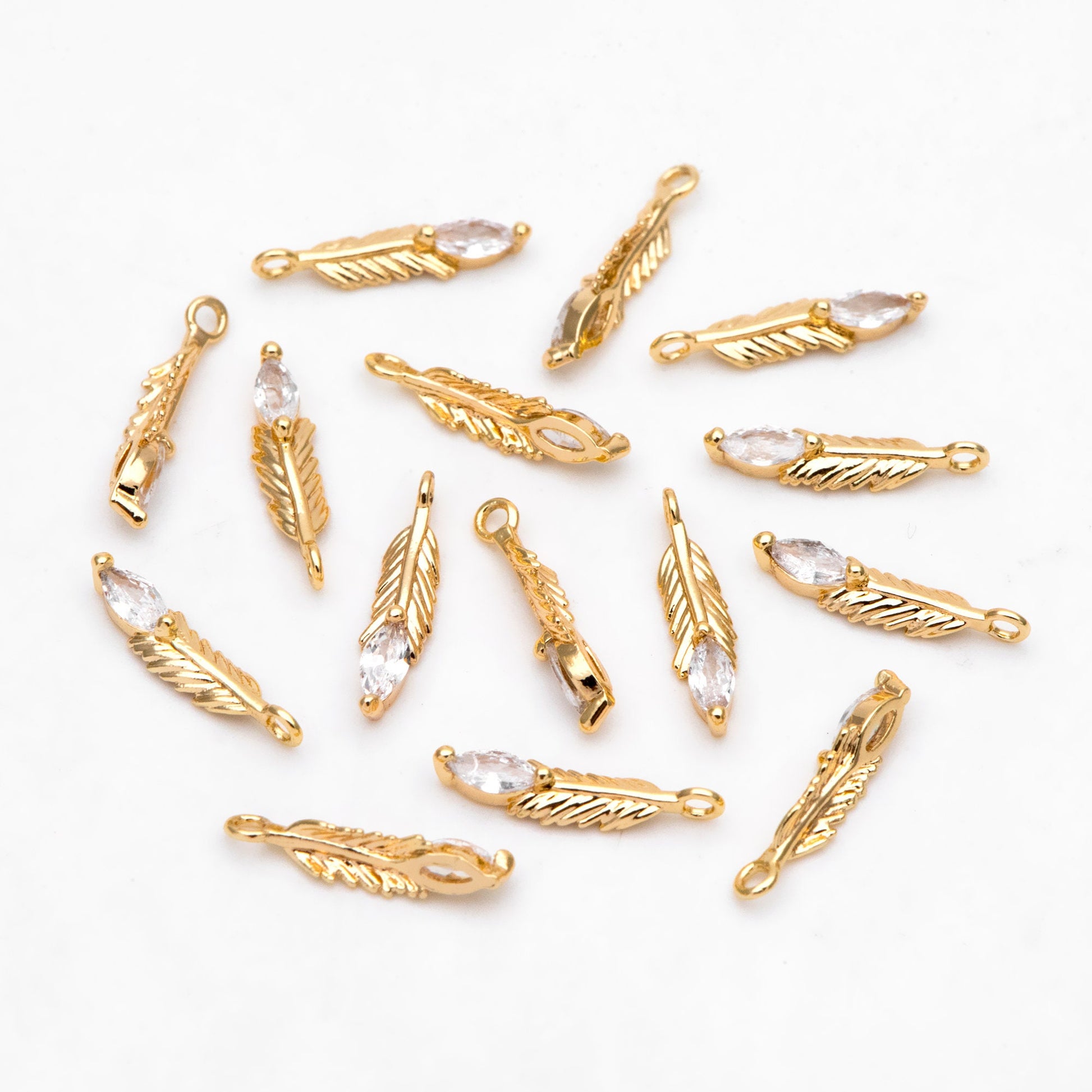 4pcs CZ pave Tiny Feather Charms, 18K Gold/ Rhodium plated Brass Leaf Pendants 12x3mm (GB-383-A)
