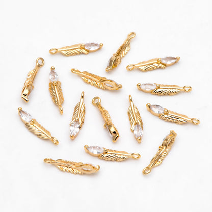 4pcs CZ pave Tiny Feather Charms, 18K Gold/ Rhodium plated Brass Leaf Pendants 12x3mm (GB-383-A)