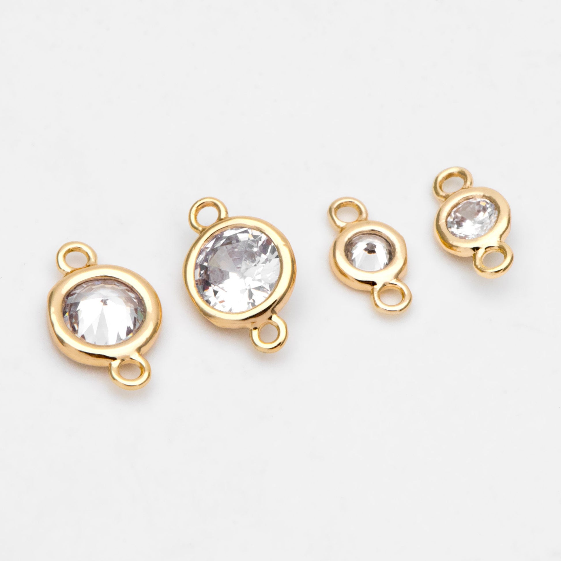 10pcs Gold/ Silver/ Rose Gold Bezel Gemstone Connector 4/ 5/ 6mm, 18K Gold plated Brass, Clear CZ Round Charms (GB-3197)