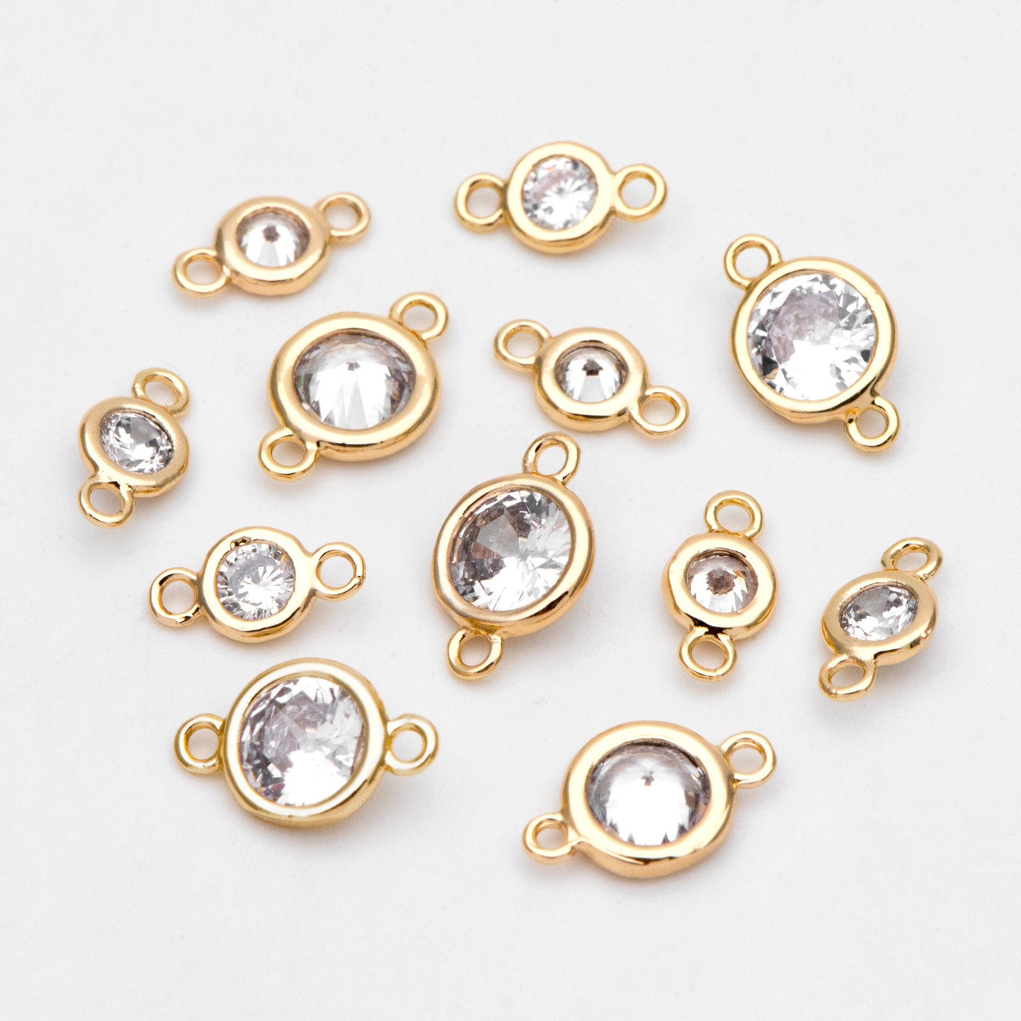10pcs Gold/ Silver/ Rose Gold Bezel Gemstone Connector 4/ 5/ 6.5mm, 18K Gold plated Brass, Clear CZ Round Charms (GB-3197)