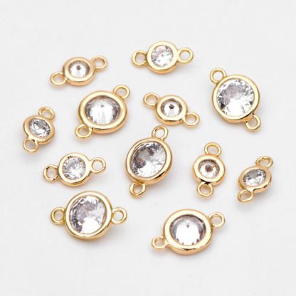 10pcs Gold/ Silver/ Rose Gold Bezel Gemstone Connector 4/ 5/ 6.5mm, 18K Gold plated Brass, Clear CZ Round Charms (GB-3197)