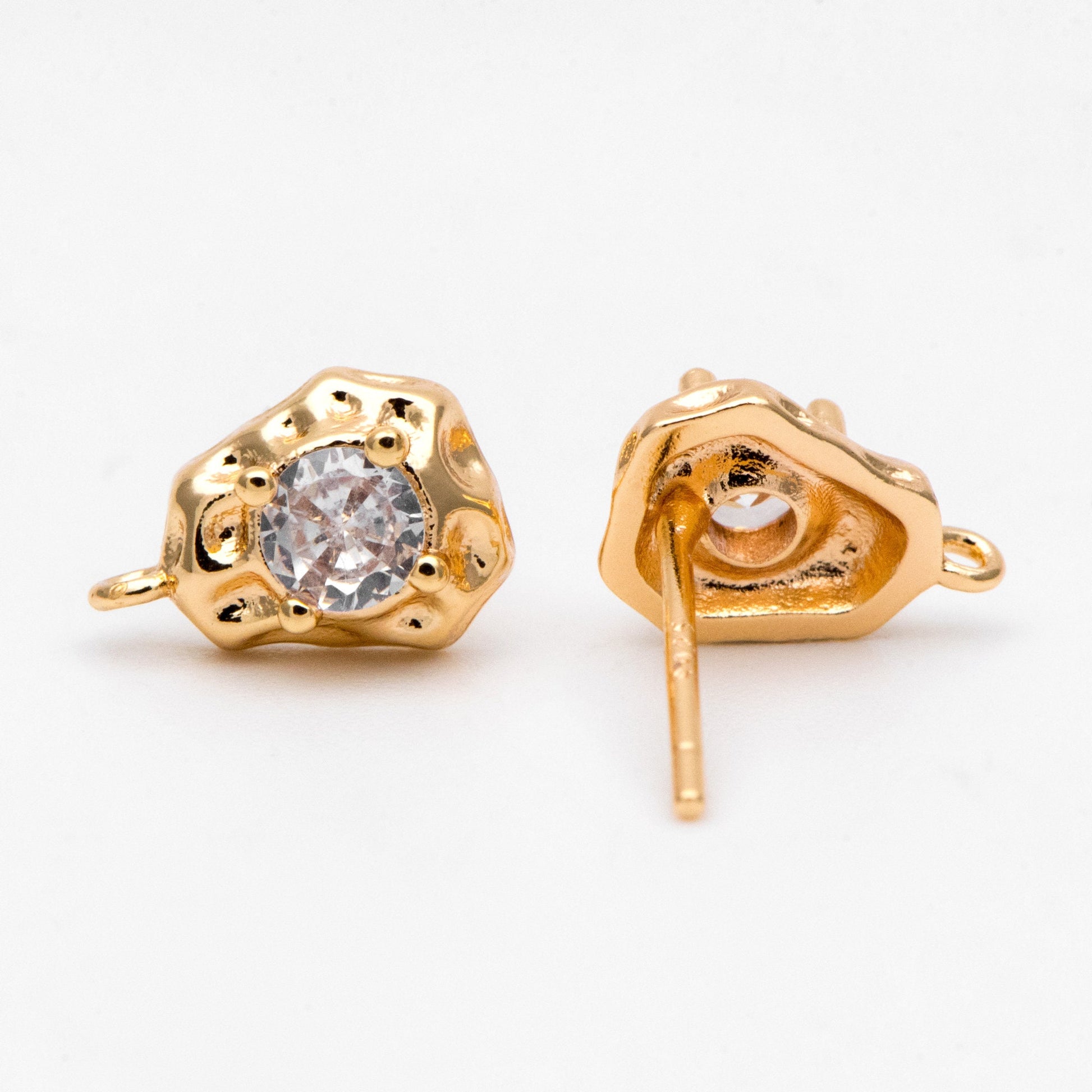 10pcs Gold Irregularity Stud Earrings, CZ Pave Ear Posts 10x7mm, Gold plated Brass Earring Findings (GB-3154)