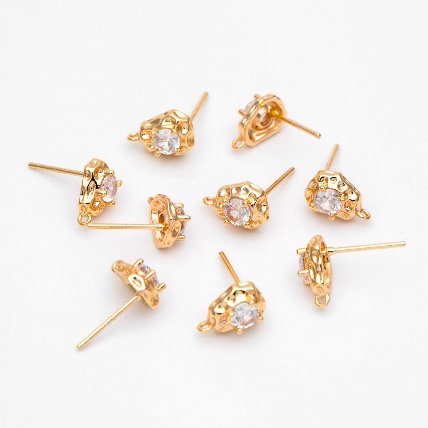 10pcs Gold Irregularity Stud Earrings, CZ Pave Ear Posts 10x7mm, Gold plated Brass Earring Findings (GB-3154)
