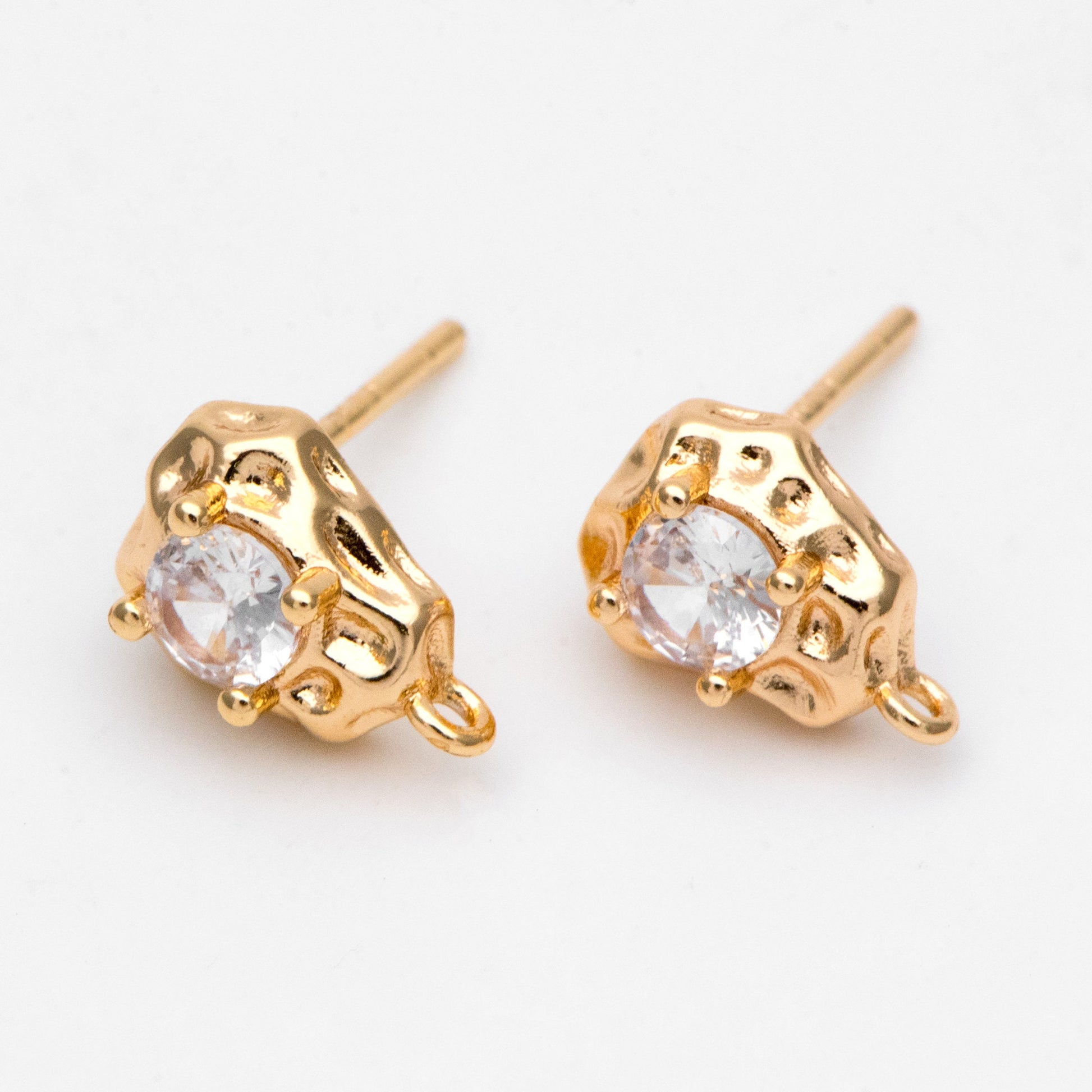10pcs Gold Irregularity Stud Earrings, CZ Pave Ear Posts 10x7mm, Gold plated Brass Earring Findings (GB-3154)