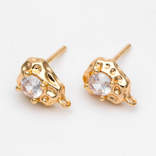 10pcs Gold Irregularity Stud Earrings, CZ Pave Ear Posts 10x7mm, Gold plated Brass Earring Findings (GB-3154)
