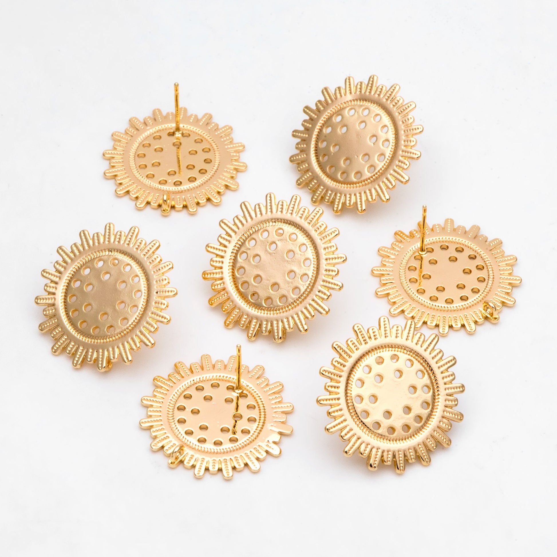 4pcs Gold Sun Earring with Loop, 25mm, Real Gold Plated Brass, Flower Stud Earrings (#GB-3166)