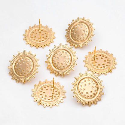 4pcs Gold Sun Earring with Loop, 25mm, Real Gold Plated Brass, Flower Stud Earrings (#GB-3166)
