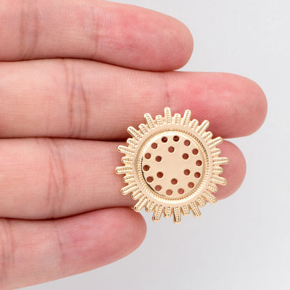 4pcs Gold Sun Earring with Loop, 25mm, Real Gold Plated Brass, Flower Stud Earrings (#GB-3166)
