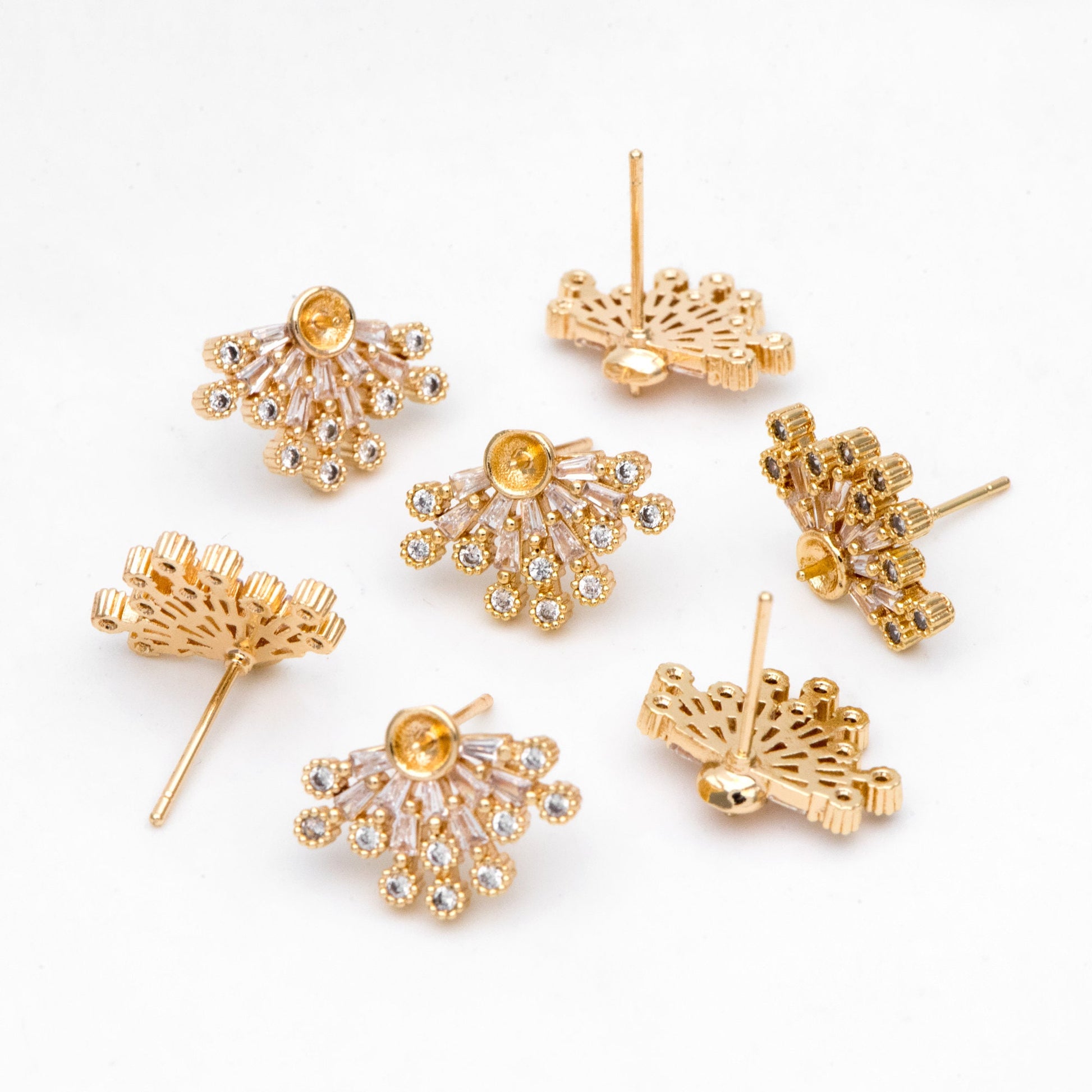 4pcs Gold CZ Pave Flower Earring 17x12mm, Pearl Peg Earring Mounts,Half Drilled Pearl Post Earring Settings (#GB-3148)