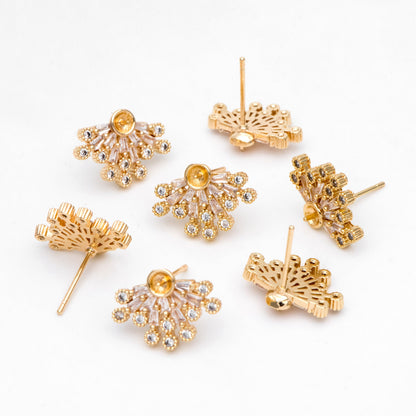 4pcs Gold CZ Pave Flower Earring 17x12mm, Pearl Peg Earring Mounts,Half Drilled Pearl Post Earring Settings (#GB-3148)
