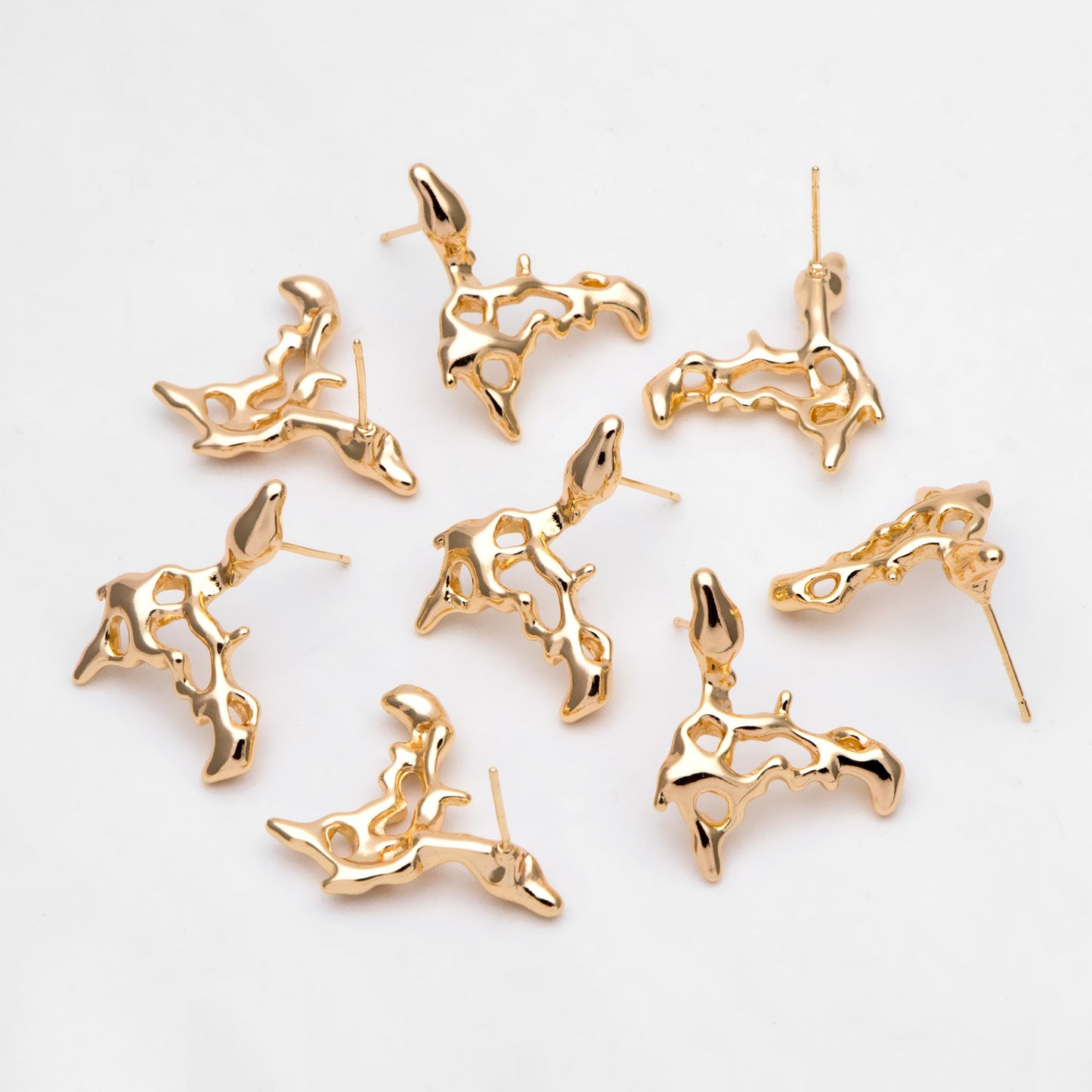 10pcs Gold Melting Irregular Ear Posts, 18K Gold plated Brass, Melting Earrings (GB-3150)
