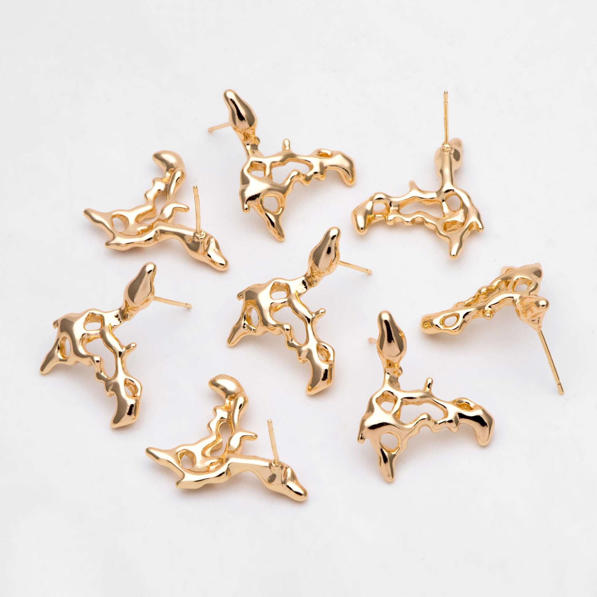 10pcs Gold Melting Irregular Ear Posts, 18K Gold plated Brass, Melting Earrings (GB-3150)