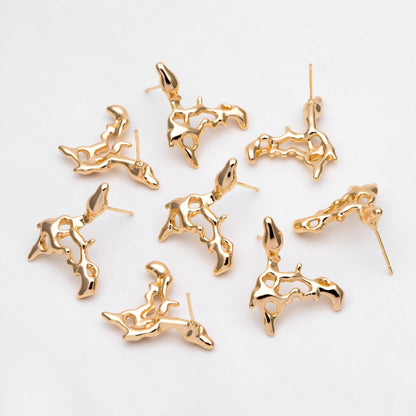 10pcs Gold Melting Irregular Ear Posts, 18K Gold plated Brass, Melting Earrings (GB-3150)