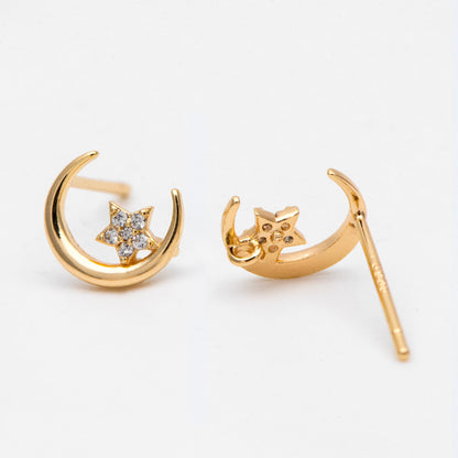 4pcs CZ Pave Moon and Star Ear Posts, Real Gold Plated Brass Stud Earrings (#GB-3167)