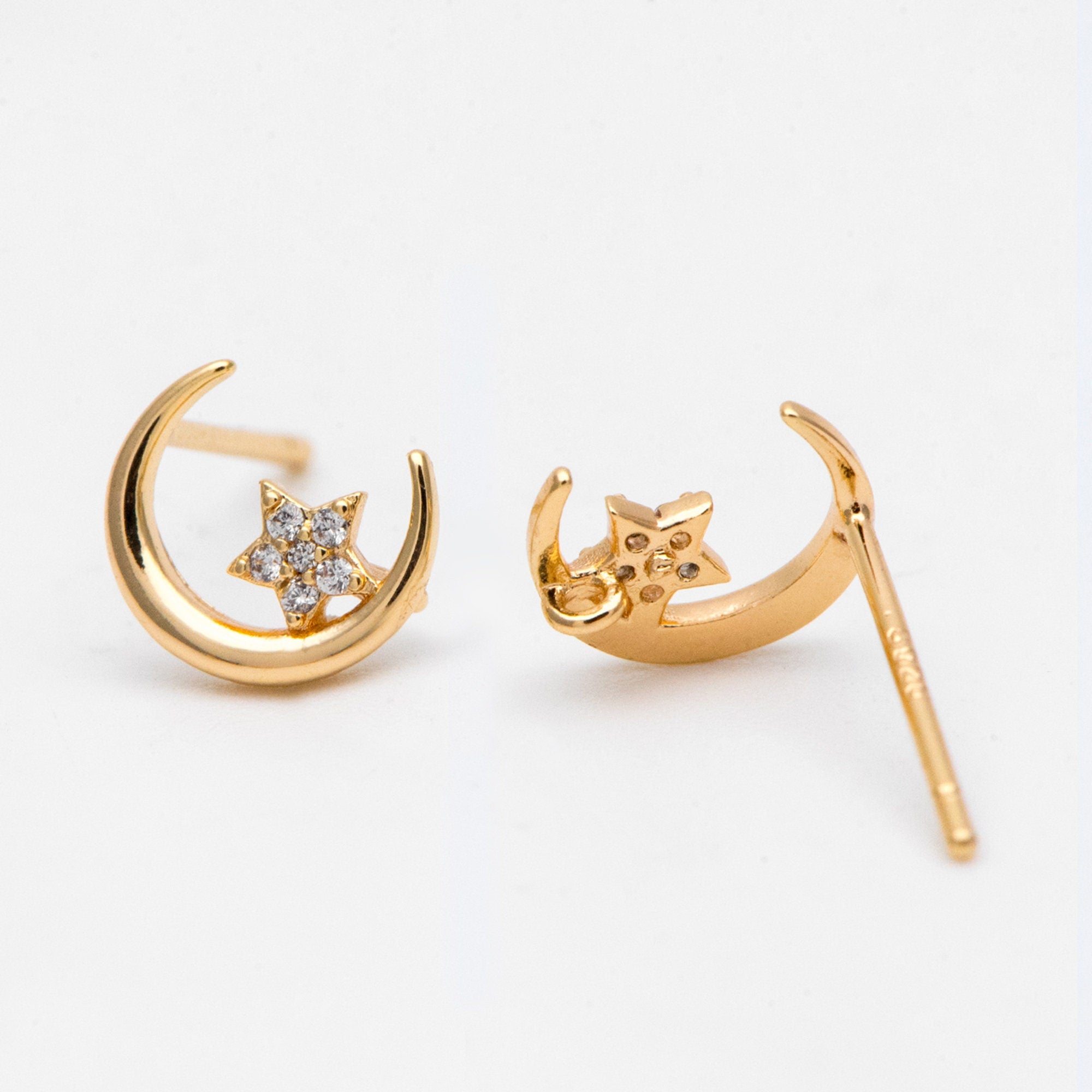 4pcs CZ Pave Moon and Star Ear Posts, Real Gold Plated Brass Stud Earrings (#GB-311-G)