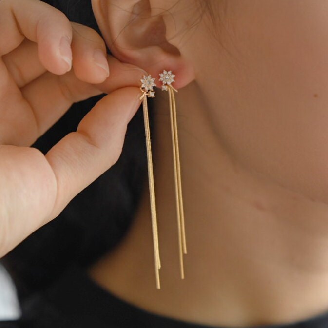 4pcs Gold Earring Charms 82mm, Gold plated Brass Chain Tassel Pendants, Long Chain Earwire Components (GB-3523-A)