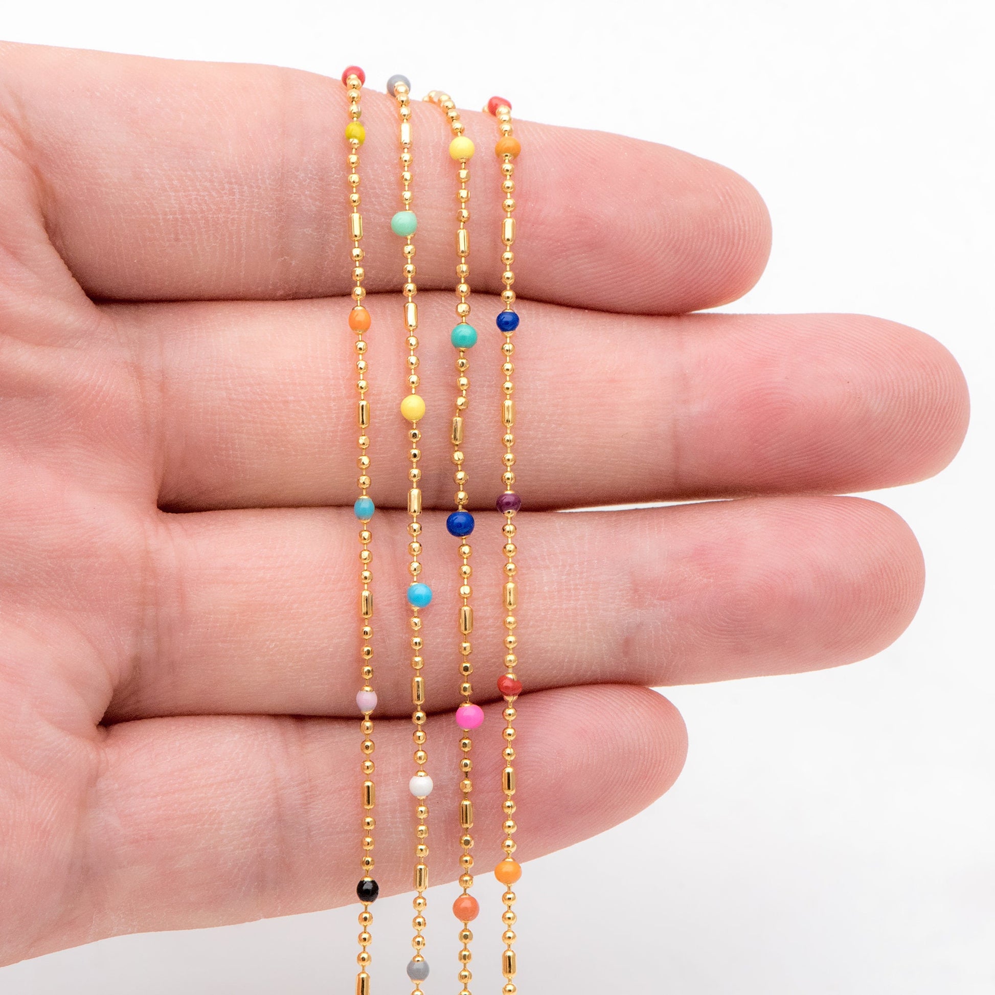 Mix Color Enamel Bead Chains: Gold Plated Brass Rainbow Chain, (#LK-579)/ 1 Meter