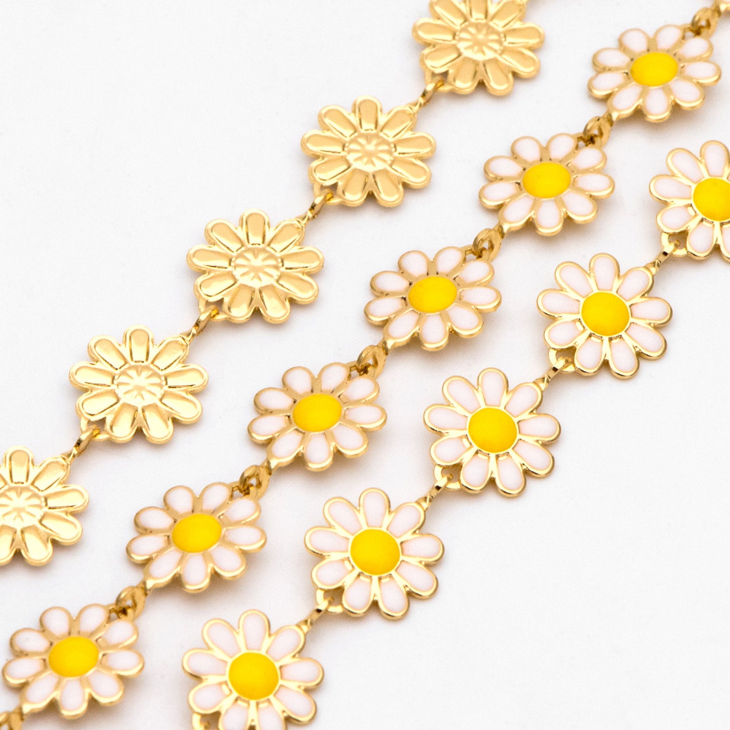 Enamel Flower Chain, Daisy Chain, Gold Plated Brass Designer Chain 10mm, Floral Link Chain Findings (#LK-580)/ 1 Meter=3.3ft