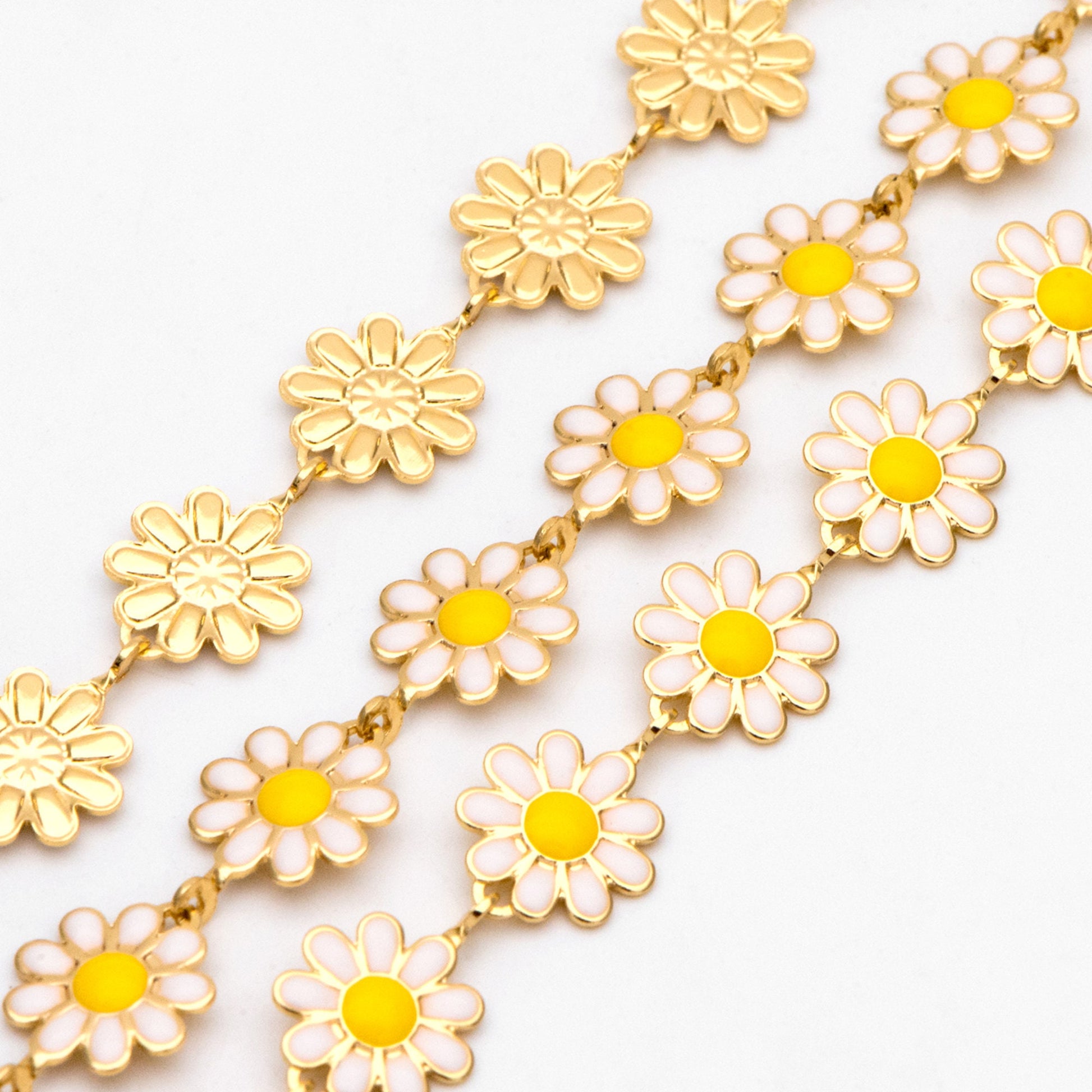 Enamel Flower Chain, Daisy Chain, Gold Plated Brass Designer Chain 10mm, Floral Link Chain Findings (#LK-580)/ 1 Meter=3.3ft