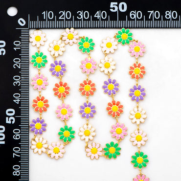 Enamel Flower Chain, Daisy Chain, Gold Plated Brass Designer Chain 10mm, Floral Link Chain Findings (#LK-580)/ 1 Meter=3.3ft