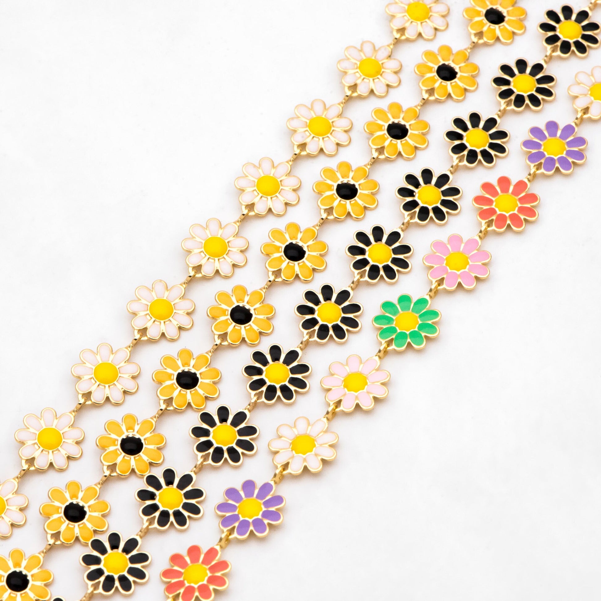 Enamel Flower Chain, Daisy Chain, Gold Plated Brass Designer Chain 10mm, Floral Link Chain Findings (#LK-580)/ 1 Meter=3.3ft