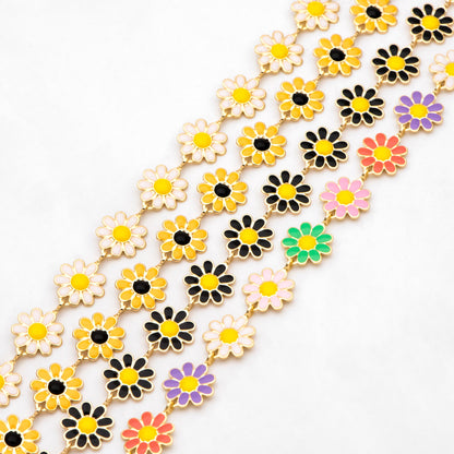 Enamel Flower Chain, Daisy Chain, Gold Plated Brass Designer Chain 10mm, Floral Link Chain Findings (#LK-580)/ 1 Meter=3.3ft
