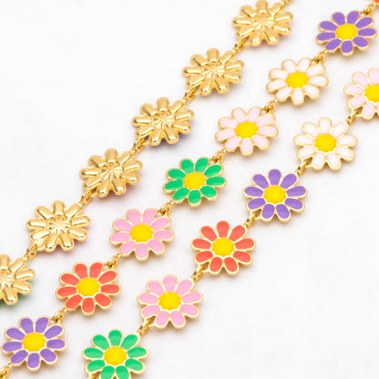 Enamel Flower Chain, Daisy Chain, Gold Plated Brass Designer Chain 10mm, Floral Link Chain Findings (#LK-580)/ 1 Meter=3.3ft