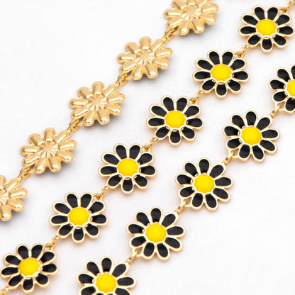 Enamel Flower Chain, Daisy Chain, Gold Plated Brass Designer Chain 10mm, Floral Link Chain Findings (#LK-580)/ 1 Meter=3.3ft