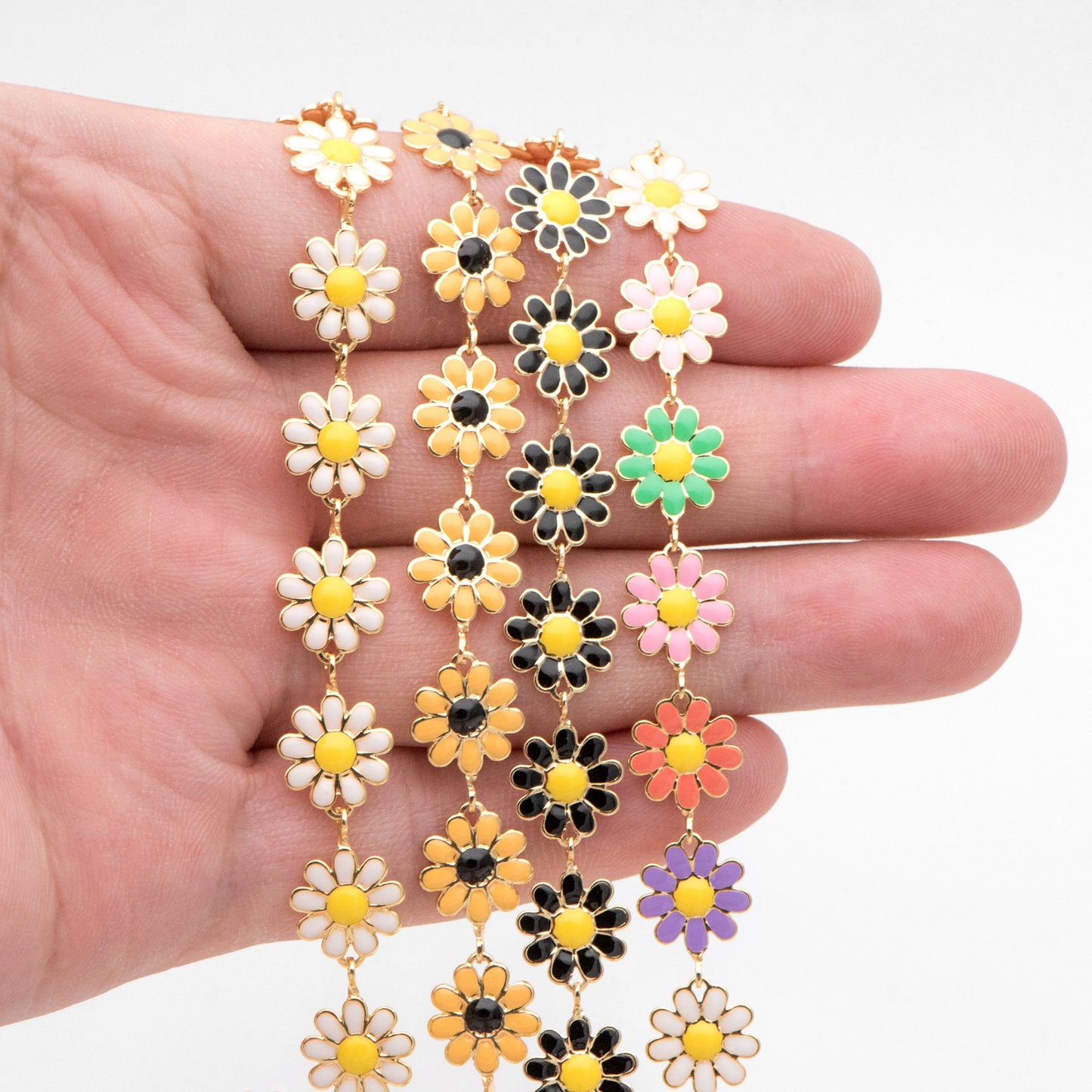 Enamel Flower Chain, Daisy Chain, Gold Plated Brass Designer Chain 10mm, Floral Link Chain Findings (#LK-580)/ 1 Meter=3.3ft
