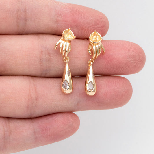 4pcs Gold Plated Brass Hand with CZ Paved Teardrop Ear Posts, Half Drilled Pearl Mounts, Pearl Earring Settings (GB-3141)