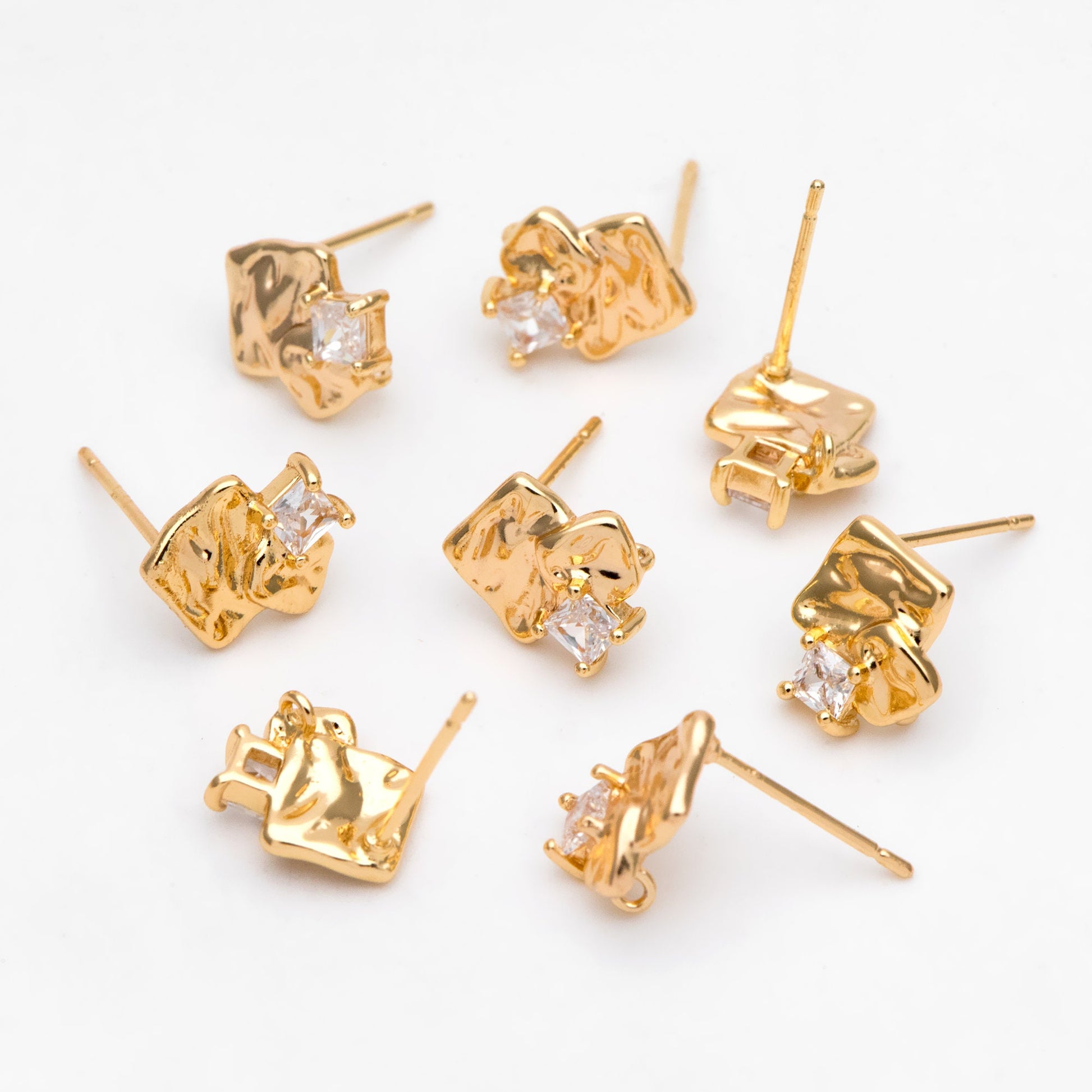 4pcs CZ Pave Rough Square Stud Earring With Loop, Real Gold/ Rhodium Plated Brass Geometric Earring Studs (GB-3169)
