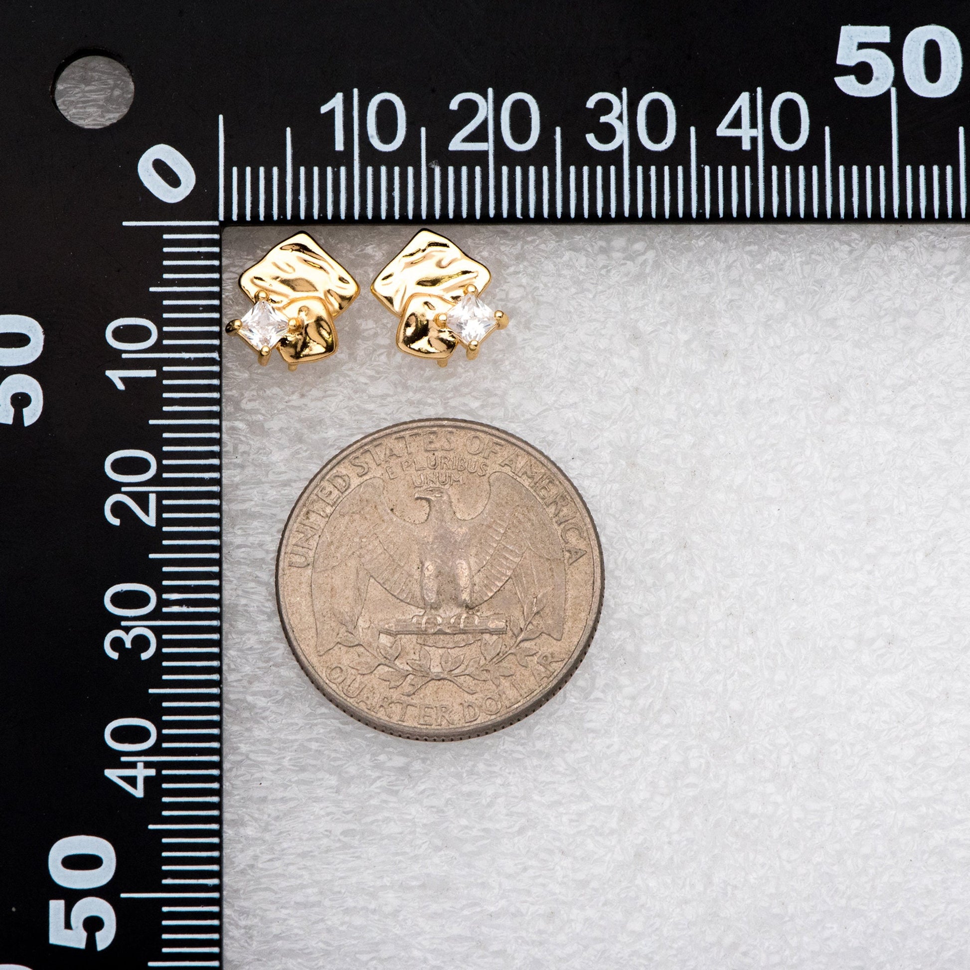 4pcs CZ Pave Rough Square Stud Earring With Loop, Real Gold/ Rhodium Plated Brass Geometric Earring Studs (GB-3169)