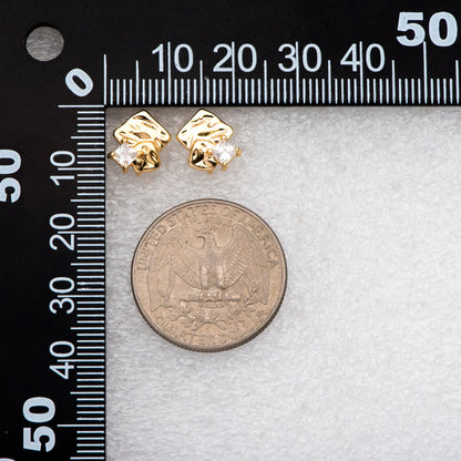 4pcs CZ Pave Rough Square Stud Earring With Loop, Real Gold/ Rhodium Plated Brass Geometric Earring Studs (GB-3169)