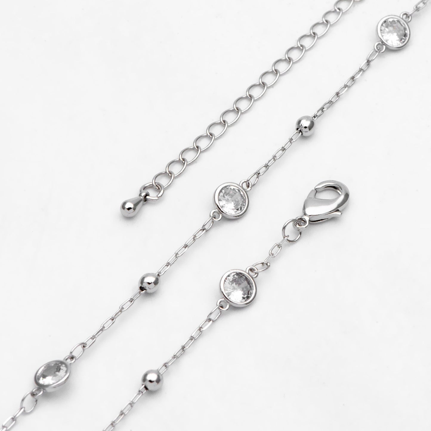 Adjustable Necklace with Extender, Rhodium plated Brass, CZ Pave Beaded Chain, 16-18 inch, Ready to Wear (#LK-338-2)