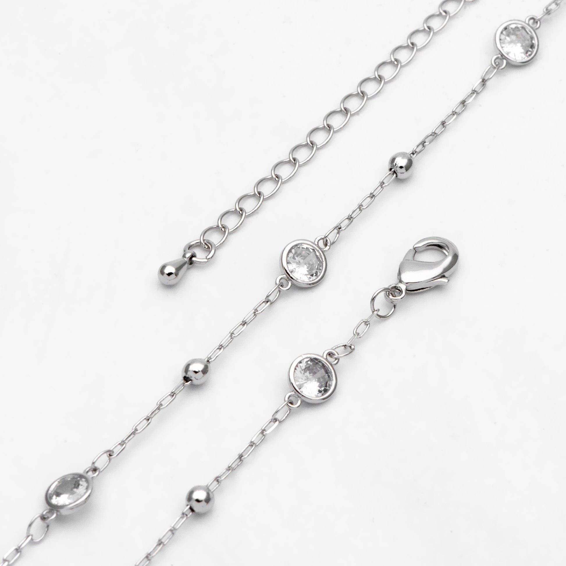 Adjustable Necklace with Extender, Rhodium plated Brass, CZ Pave Beaded Chain, 16-18 inch, Ready to Wear (#LK-338-2)