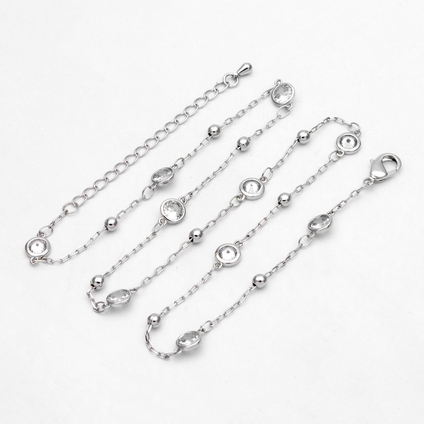 Adjustable Necklace with Extender, Rhodium plated Brass, CZ Pave Beaded Chain, 16-18 inch, Ready to Wear (#LK-338-2)