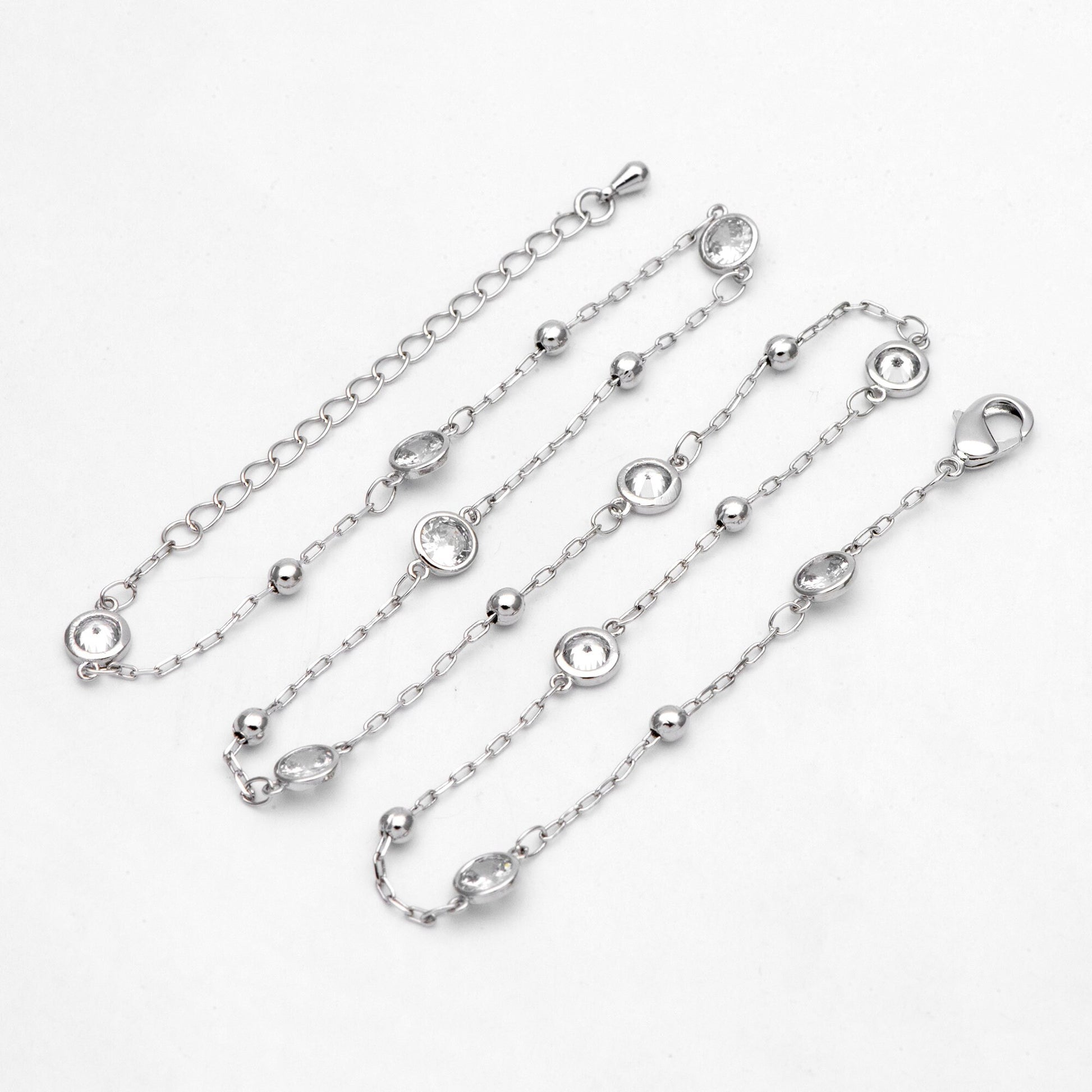 Adjustable Necklace with Extender, Rhodium plated Brass, CZ Pave Beaded Chain, 16-18 inch, Ready to Wear (#LK-338-2)