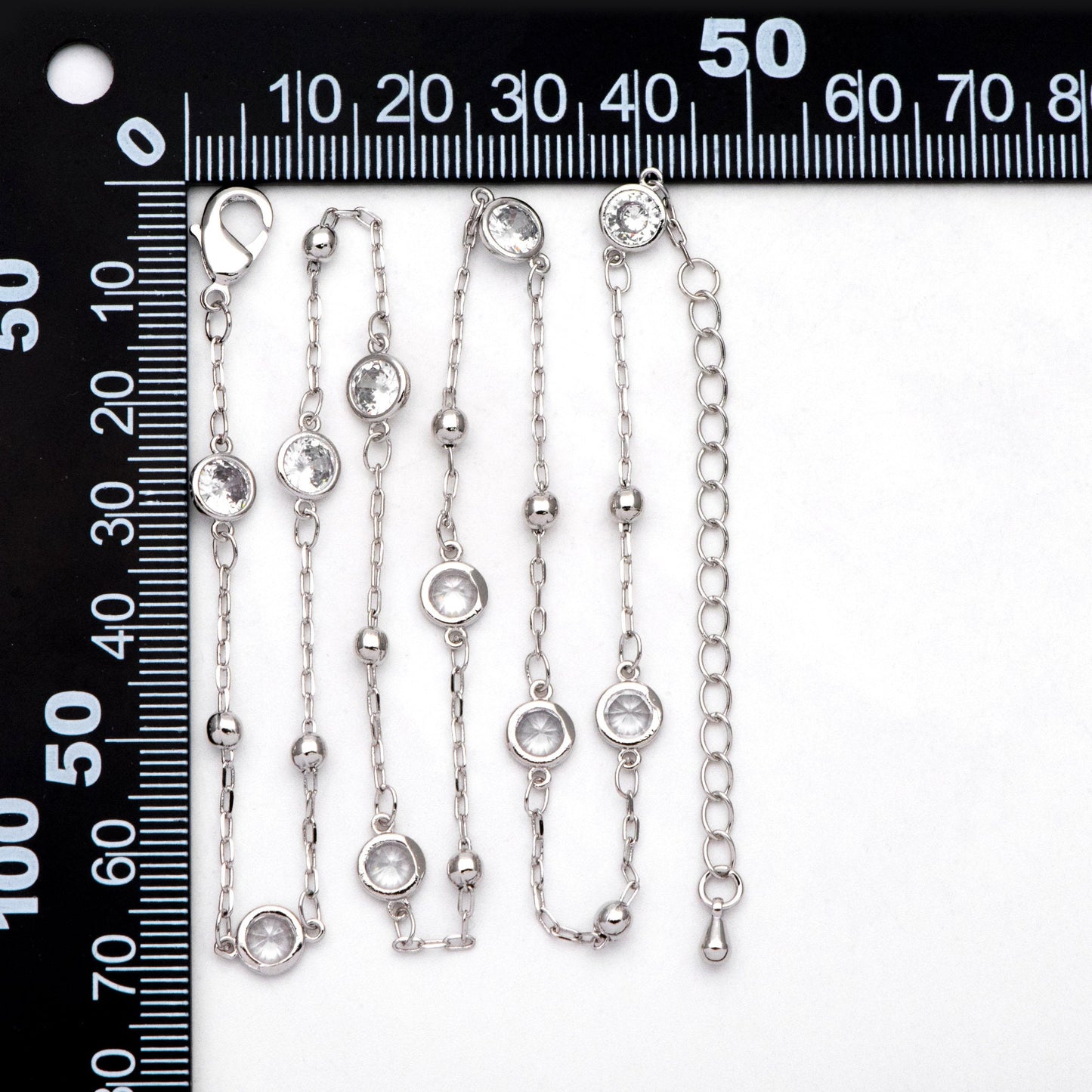Adjustable Necklace with Extender, Rhodium plated Brass, CZ Pave Beaded Chain, 16-18 inch, Ready to Wear (#LK-338-2)